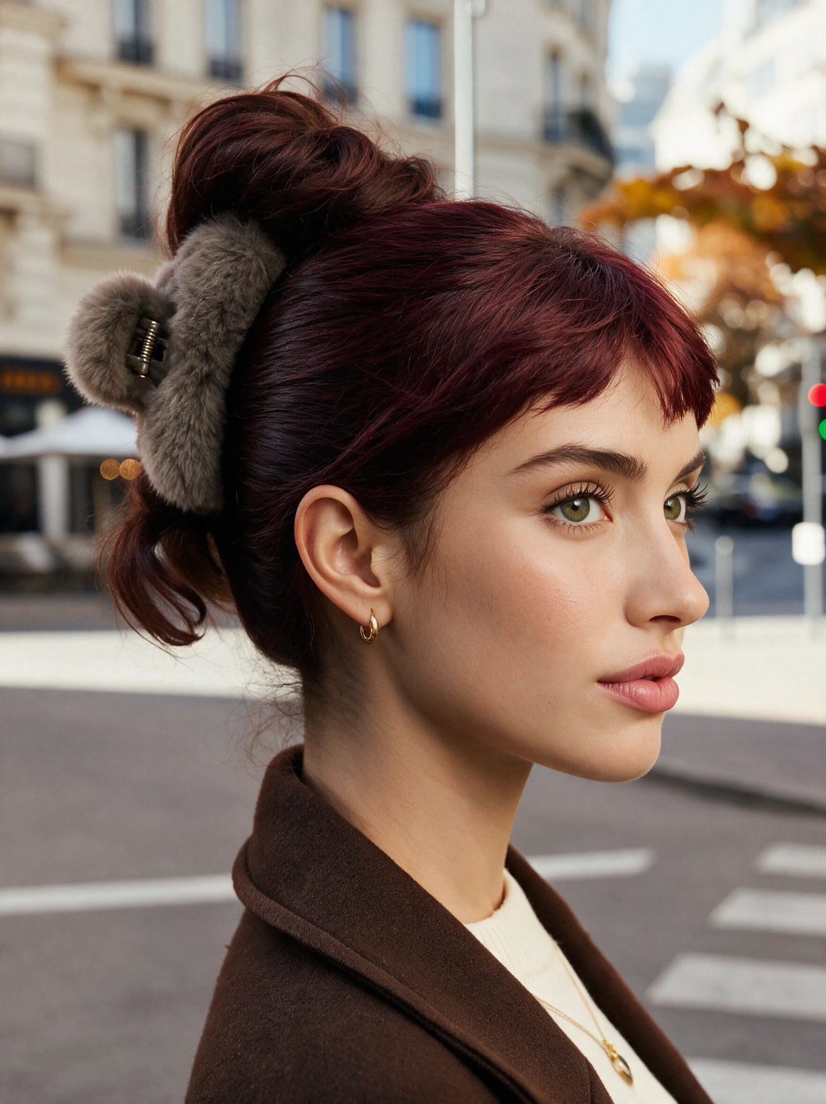 Model wearing a fluffy hair claw